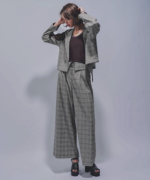 HARE（ハレ）の「タックプリーツシアージャケット＊ワイドパンツ(HARE)（セットアップ・レディース・ブラック/チェック・FREE）」の7枚目の写真