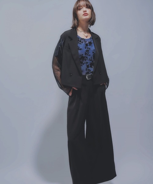 HARE（ハレ）の「タックプリーツシアージャケット＊ワイドパンツ(HARE)（セットアップ・レディース・ブラック/チェック・FREE）」の8枚目の写真