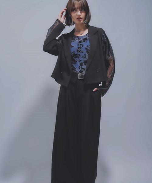 HARE（ハレ）の「タックプリーツシアージャケット＊ワイドパンツ(HARE)（セットアップ・レディース・ブラック/チェック・FREE）」の9枚目の写真