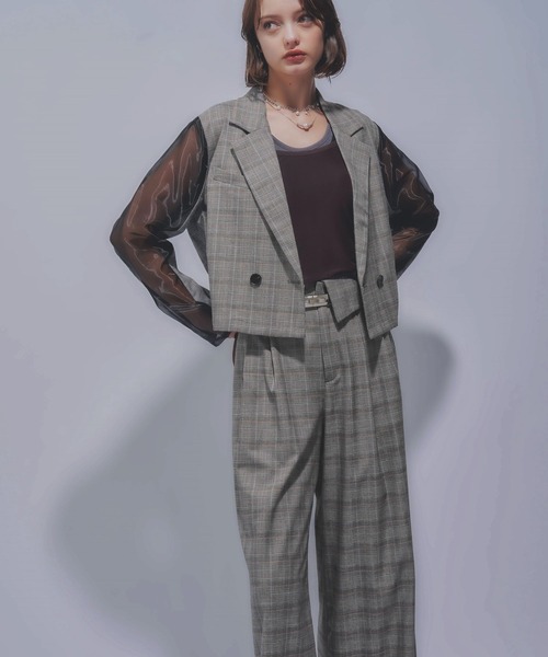 HARE（ハレ）の「タックプリーツシアージャケット＊ワイドパンツ(HARE)（セットアップ・レディース・ブラック/チェック・FREE）」の11枚目の写真