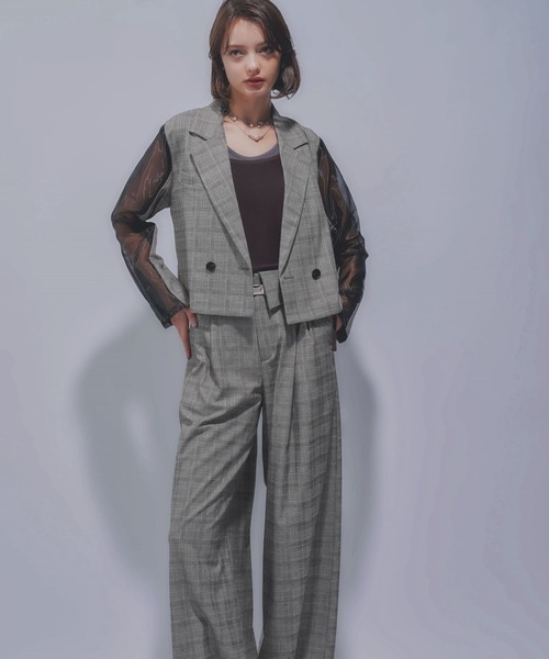 HARE（ハレ）の「タックプリーツシアージャケット＊ワイドパンツ(HARE)（セットアップ・レディース・ブラック/チェック・FREE）」の13枚目の写真