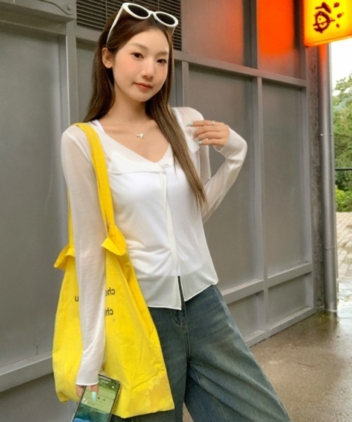 gossip！ロサンゼルス（ゴシップロサンゼルス）の「【Y2Kガーリー】シアー＆クールタッチ Vネック長袖Tシャツ（Tシャツ/カットソー・レディース・イエロー/ホワイト・FREE）」の9枚目の写真