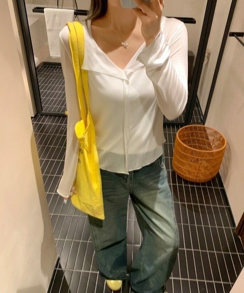 gossip！ロサンゼルス（ゴシップロサンゼルス）の「【Y2Kガーリー】シアー＆クールタッチ Vネック長袖Tシャツ（Tシャツ/カットソー・レディース・イエロー/ホワイト・FREE）」の8枚目の写真