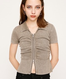 FRONT ZIP GATHER TOPS フロントジップ ギャザー トップス 半袖 秋服 夏服