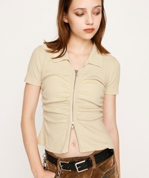 SLY | FRONT ZIP GATHER TOPS フロントジップ ギャザー トップス 半袖 秋服 夏服(Tシャツ/カットソー)