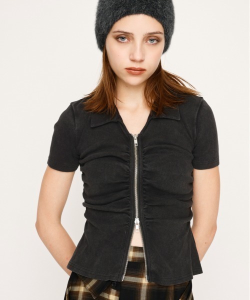 FRONT ZIP GATHER TOPS フロントジップ ギャザー トップス 半袖