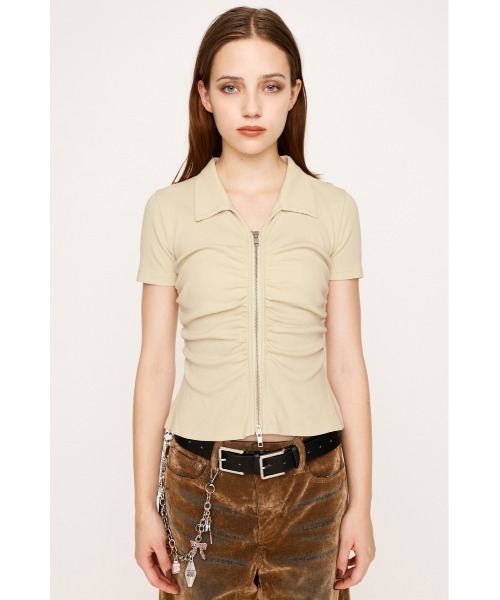 FRONT ZIP GATHER TOPS フロントジップ ギャザー トップス 半袖