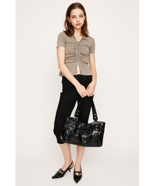 SLY(スライ)の「FRONT ZIP GATHER TOPS フロントジップ ギャザー トップス 半袖 秋服 夏服(Tシャツ/カットソー・レディース・バーガンディー/ブラック/アイボリー/カーキ・FREE)」の6枚目の写真