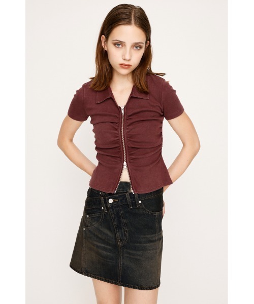 FRONT ZIP GATHER TOPS フロントジップ ギャザー トップス 半袖