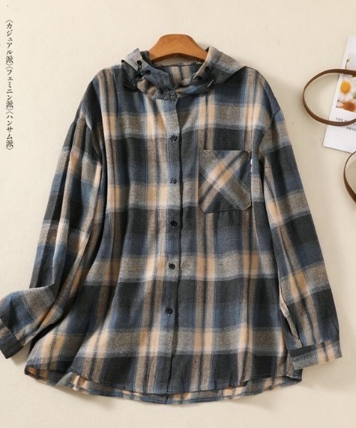DIAVEL(ディアベル)の「【春コーデ】ゆるシルエットが可愛いチェック柄フードシャツ(シャツ/ブラウス・レディース・グレー/オレンジ・M)」の5枚目の写真