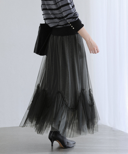 La TOTALITE（ラトータリテ）の「【洗える】ランダムヘム2WAYチュールスカート（スカート・レディース・ブラック/ベージュ・FREE）」の12枚目の写真