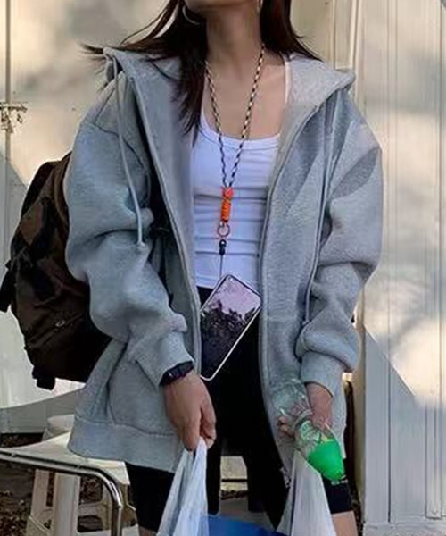 Lace Ladies(レースレディース)の「オーバーサイズ フード付き ジップアップ スウェット トップス(パーカー・レディース・グレー/ブラック/アイボリー・FREE)」の5枚目の写真