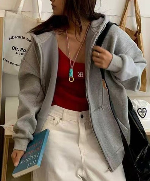 Lace Ladies(レースレディース)の「オーバーサイズ フード付き ジップアップ スウェット トップス(パーカー・レディース・グレー/ブラック/アイボリー・FREE)」の7枚目の写真