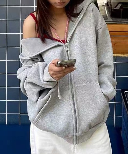 Lace Ladies(レースレディース)の「オーバーサイズ フード付き ジップアップ スウェット トップス(パーカー・レディース・グレー/ブラック/アイボリー・FREE)」の8枚目の写真