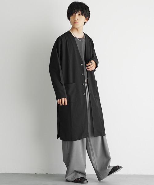 MinoriTY(マイノリティ)の「【MinoriTY】梨地素材ドレープロングカーディガン ノーカラー メンズ 春服(カーディガン/ボレロ・メンズ・ブラック/グレー/ベージュ・S/M/L)」の6枚目の写真