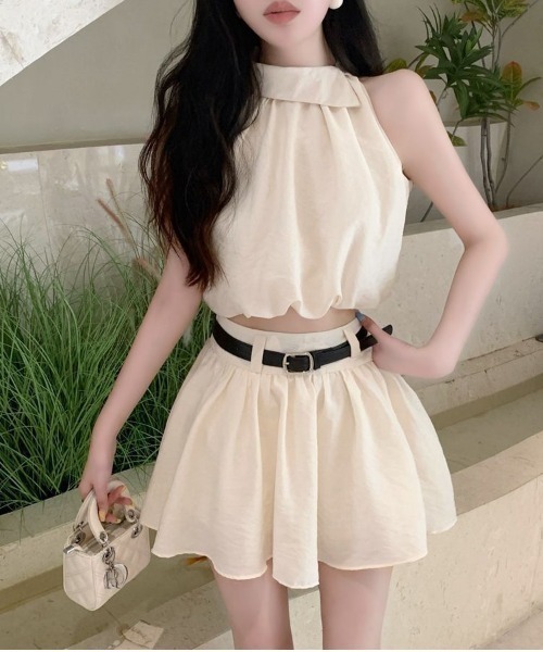 セール】ワンホン女子系 ノースリーブ セットアップ ベルト付き