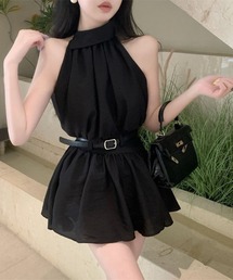 ワンホン女子系 ノースリーブ セットアップ ベルト付き