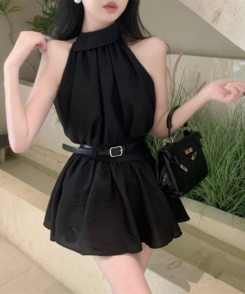 NoBelle（ノベル）の「ワンホン女子系　ノースリーブ　セットアップ　ベルト付き（パンツドレス・レディース・ブラック/アイボリー・M/S）」の2枚目の写真