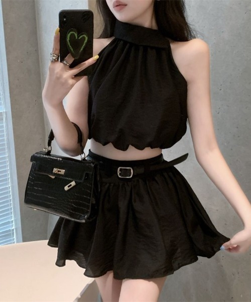 NoBelle（ノベル）の「ワンホン女子系　ノースリーブ　セットアップ　ベルト付き（パンツドレス・レディース・ブラック/アイボリー・M/S）」の4枚目の写真