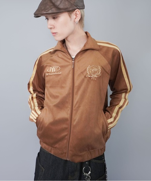 短丈ベロアトラックジャケット/エンブレム刺繍ロゴ/ジャージ風デザイン