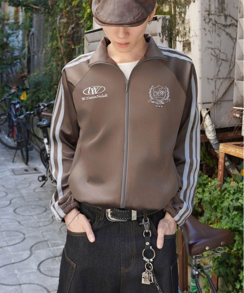 短丈ベロアトラックジャケット/エンブレム刺繍ロゴ/ジャージ風デザイン