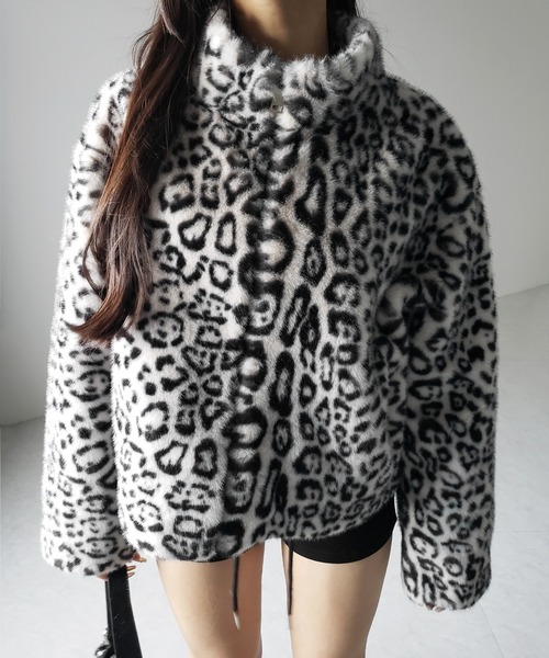 セール】【 2color 】レオパードジップアップフェイクファーコート