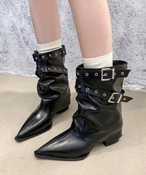 Vipoa(ヴィポア)の「ダブルベルトミドルブーツ(ブーツ・レディース・ブラック/ブラウン・LARGE/MEDIUM/SMALL)」の1枚目の写真