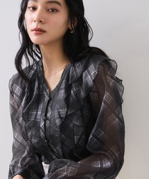 VIS | フロントフリルシアーチェックブラウス/イージーケア(シャツ/ブラウス)