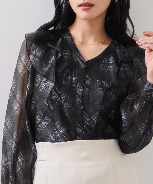 セール】フロントフリルシアーチェックブラウス/イージーケア（シャツ