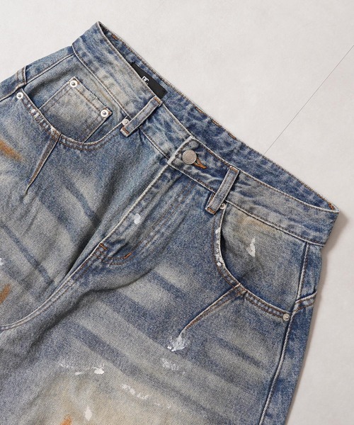 1111clothing(ワンフォークロージング)の「ダメージペイント バレルレッグジーンズ / Damage Paint Barrel Leg Jeans(デニムパンツ・メンズ・ブルー・S/M/L/XL)」の13枚目の写真