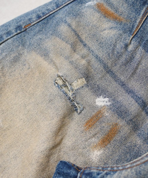 1111clothing(ワンフォークロージング)の「ダメージペイント バレルレッグジーンズ / Damage Paint Barrel Leg Jeans(デニムパンツ・メンズ・ブルー・S/M/L/XL)」の15枚目の写真