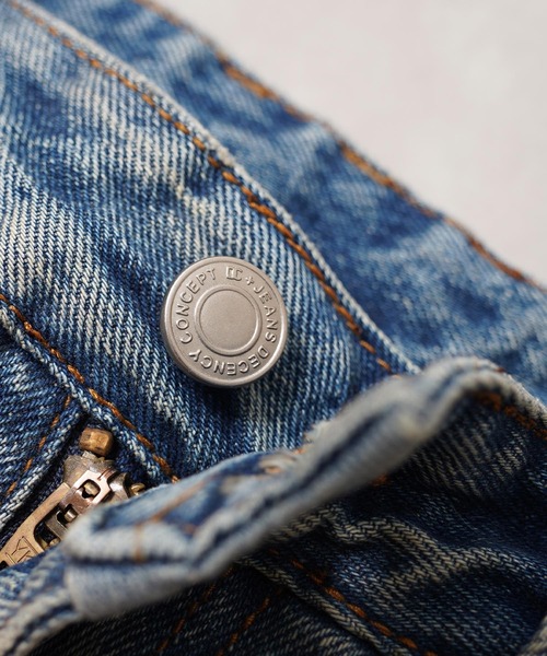 1111clothing(ワンフォークロージング)の「ダメージペイント バレルレッグジーンズ / Damage Paint Barrel Leg Jeans(デニムパンツ・メンズ・ブルー・S/M/L/XL)」の17枚目の写真