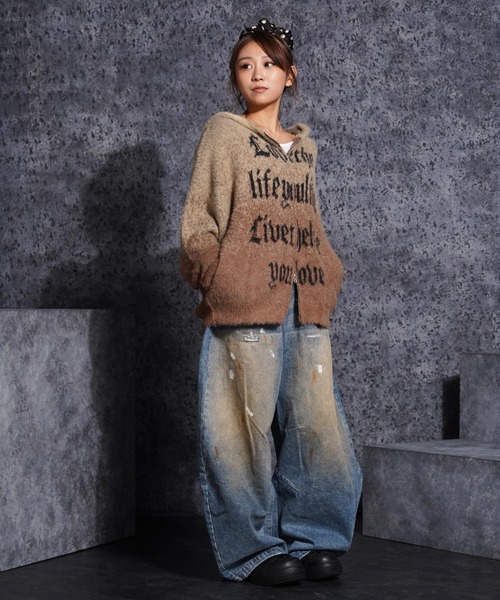 1111clothing(ワンフォークロージング)の「ダメージペイント バレルレッグジーンズ / Damage Paint Barrel Leg Jeans(デニムパンツ・メンズ・ブルー・S/M/L/XL)」の12枚目の写真