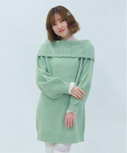 axes femme POETIQUE（アクシーズファムポエティック）の「ハート×ケーブル柄チュニワンピース（チュニック・レディース・ホワイト/ミント/ブラック・MEDIUM）」の3枚目の写真