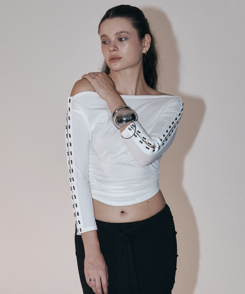 PLEASENOFOLLOW(プリーズノーフォロー)の「Lexi Hooked Shirring top (White)(Tシャツ/カットソー・レディース・その他・FREE)」の1枚目の写真