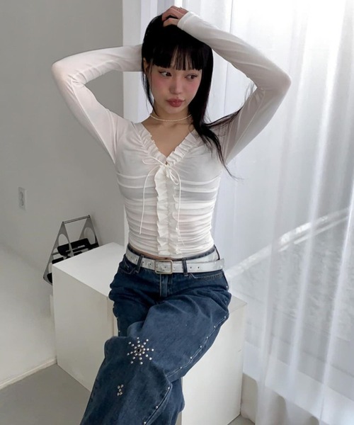 almo（アルモ）の「【TUNE】フロントフリルギャザーカットソー（Tシャツ/カットソー・レディース・ブラック/グレー/ホワイト・FREE）」の4枚目の写真
