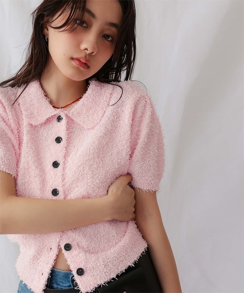 miette（ミエット）の「襟付きファンシーヤーン半袖ニット（ニット/セーター・レディース・ライトピンク/ライトイエロー/ブラウン/レッド/ネイビー・S/M/L）」の5枚目の写真