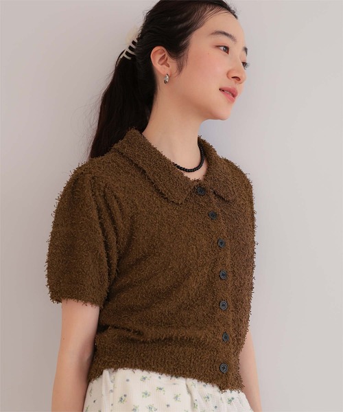 miette（ミエット）の「襟付きファンシーヤーン半袖ニット（ニット/セーター・レディース・ライトピンク/ライトイエロー/ブラウン/レッド/ネイビー・S/M/L）」の7枚目の写真