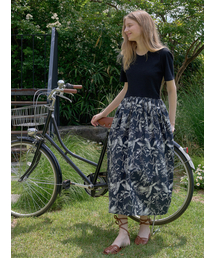 Leaf Pattern Daily Shirring Dress - BLACK