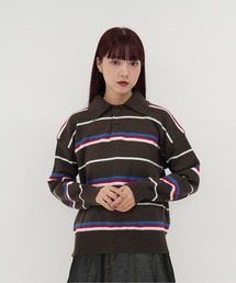 【 cunii 】レディース ニット ポロカラー ボーダー プルオーバー 長袖 韓国 カジュアル 体型カバー トップス