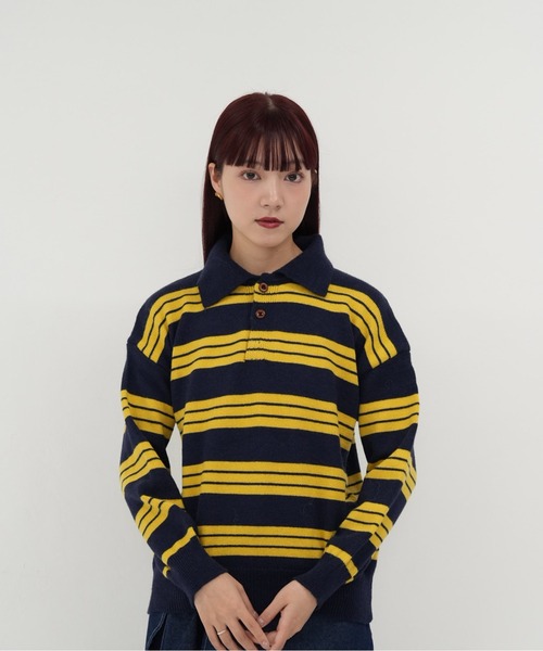 セール】【 cunii 】レディース ニット ポロカラー ボーダー プル