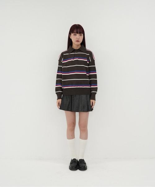Uenui(ウニュイ)の「【 cunii 】レディース ニット ポロカラー ボーダー プルオーバー 長袖 韓国 カジュアル 体型カバー トップス(ニット/セーター・レディース・ブラウン/ネイビー・FREE)」の4枚目の写真
