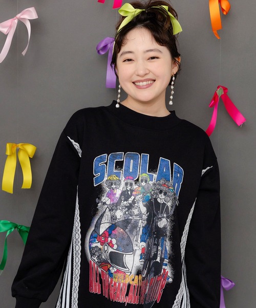 ScoLar（スカラー）の「153783：レースライン×ロック柄ミニ裏毛ワンピース（ワンピース・レディース・グリーン/ブラック/杢グレー・M）」の4枚目の写真