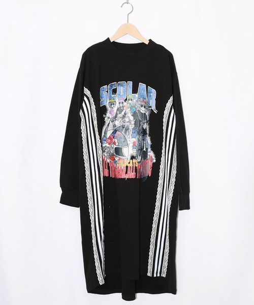 ScoLar（スカラー）の「153783：レースライン×ロック柄ミニ裏毛ワンピース（ワンピース・レディース・グリーン/ブラック/杢グレー・M）」の12枚目の写真