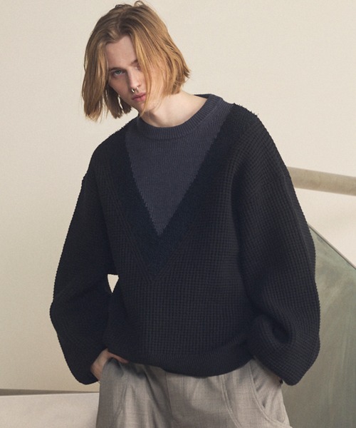 《UNISEX》Prime-Over V-neck Panel Switching Knit Pullover/プライムオーバーＶ切替ニットプルオーバー【MAISON SPECIAL/メゾンスペシャル】