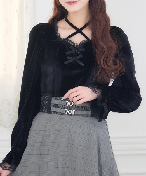 セール】ローズリボンベロアトップス（Tシャツ/カットソー）｜couture