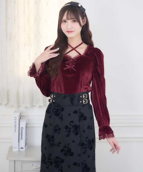 セール】ローズリボンベロアトップス（Tシャツ/カットソー）｜couture