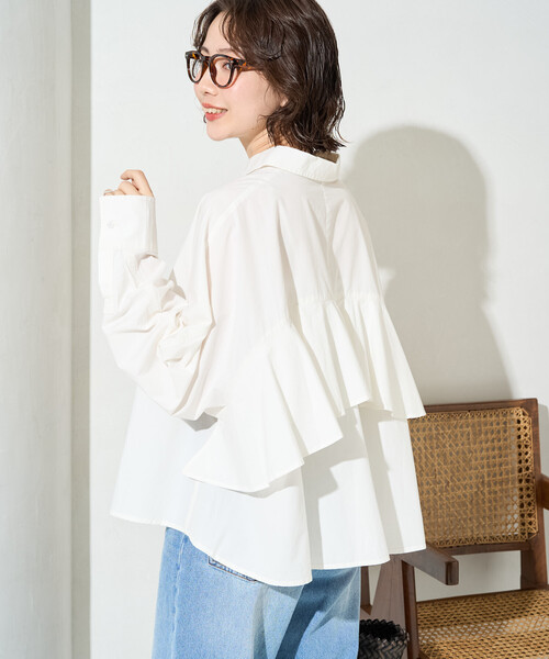 FREAK'S STORE（フリークスストア）の「限定展開　バック フリル ショート ロングスリーブ シャツ（シャツ/ブラウス・レディース・ブルー/オフホワイト/ブラック/ベージュ/イエロー・ﾌﾘ-）」の2枚目の写真