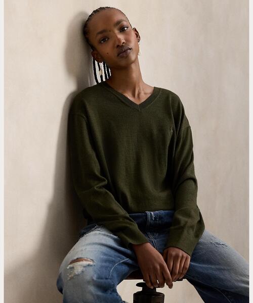 ポロラルフローレン　春用ニット　カーキ　Vネック ウール Vネック セーター（ニット/セーター）｜POLO RALPH LAUREN