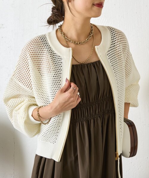 Jena espace merveilleux(ジェナ エスパスメルヴェイユ)の「【WEB限定/リバイバル】メッシュニットブルゾン(ブルゾン・レディース・ブラック/ライトグレー/チャコールグレー/オフホワイト・FREE)」の1枚目の写真